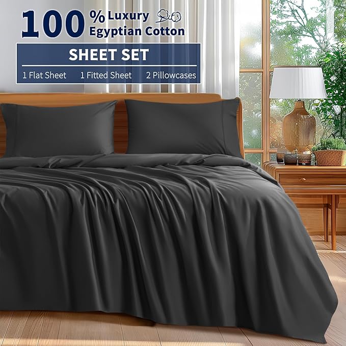 Shilucheng 100% Cotton King Size Sheets Set - 600 Thread Count，Luxury Egyptian Cotton Bed Sheets，5-Star Hotel Quality Sheets, Breathable & Cooling, 16 Inch Deep Pocket - 4 Piece (Black, King) - LeafyLoom