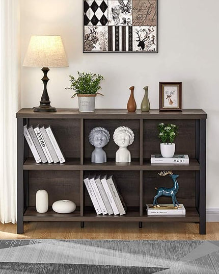 FATORRI Rustic 6 Cube Storage Organizer with Shelf, Wood and Metal Cubby Bookcase, Industrial Horizontal Bookshelf (Walnut Brown, 47 Inch) - LeafyLoom