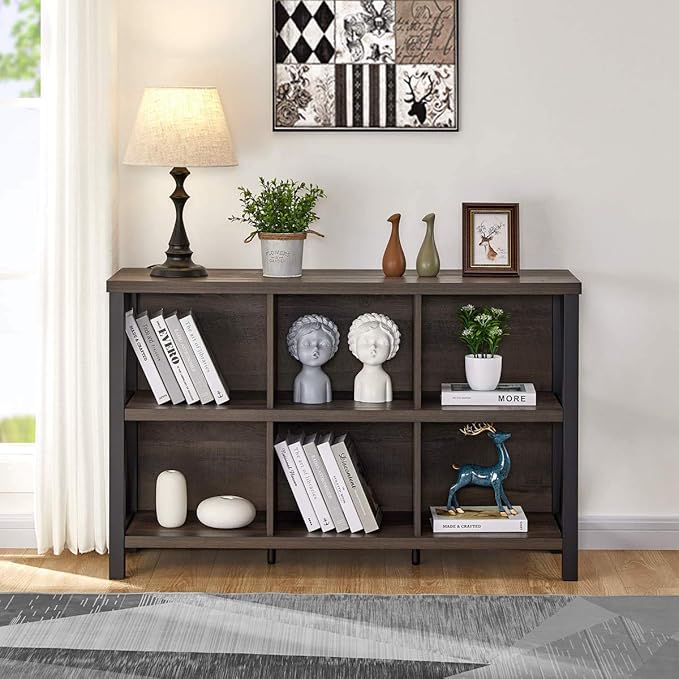 FATORRI Rustic 6 Cube Storage Organizer with Shelf, Wood and Metal Cubby Bookcase, Industrial Horizontal Bookshelf (Walnut Brown, 47 Inch) - LeafyLoom