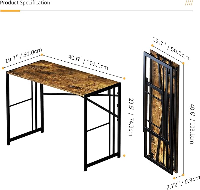 40 inch Folding Computer Desk, Writing Gaming Computer Camping Desk, No Assembly Required Home Office Table, Rustic Brown - LeafyLoom