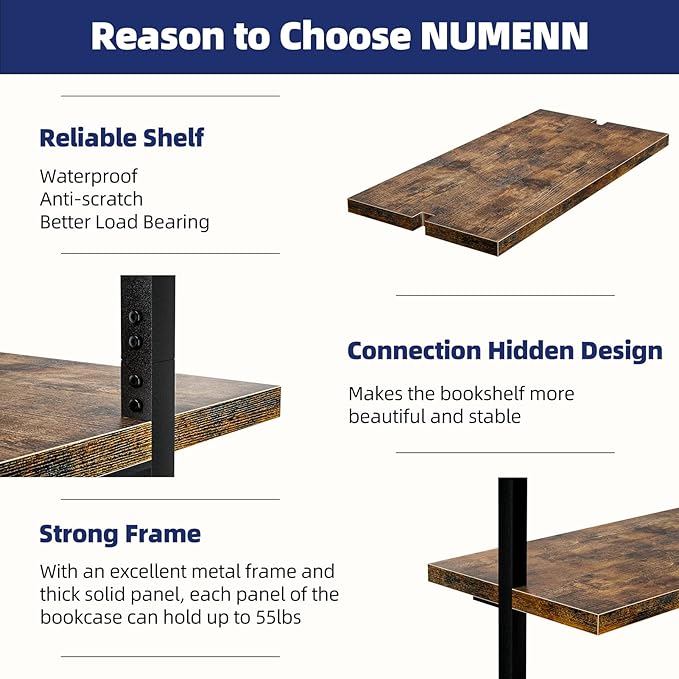 NUMENN 5 Tier Book Shelf, Industrial Ladder Shelf, Open Space Wall Mount Bookshelf with Metal Frame, Sturdy Book Shelves, Bookcase for Living Room, Home Office Shelf, Vintage Brown - LeafyLoom