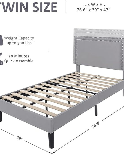 VECELO Twin Size Platform Bed Frame with Adjustable Upholstered Headboard, Modern Mattress Foundation, Strong Wood Slat Support, No Box Spring Needed, Easy Assembly - LeafyLoom