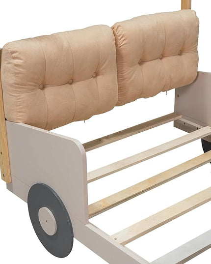 Twin Size Car Pillow, Ceiling Cloth and LED, Wood Kids Platform Bed for Boys Girls Teens Bedroom, Natural Color - LeafyLoom