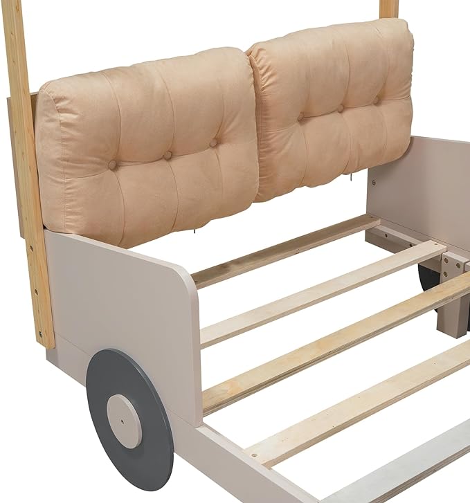 Twin Size Car Pillow, Ceiling Cloth and LED, Wood Kids Platform Bed for Boys Girls Teens Bedroom, Natural Color - LeafyLoom