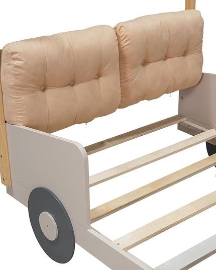 Twin Size Car Bed with Car-light shape LED & Pillow,Wooden Kids Bedframe W/Magazine Holder & Ceiling Cloth,Toy Bedroom Furniture for Boys Kids Toddlers Child,Natural - LeafyLoom
