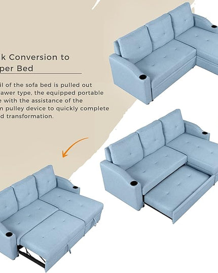 80.3'' L-Shape Convertible Sleeper Sectional Sofa with Storage Chaise and Pull-Out Bed, Linen Upholstered Reversible Corner Couch w/Tufted Cushions &Cup Holder, for Living Room, Apartment - LeafyLoom
