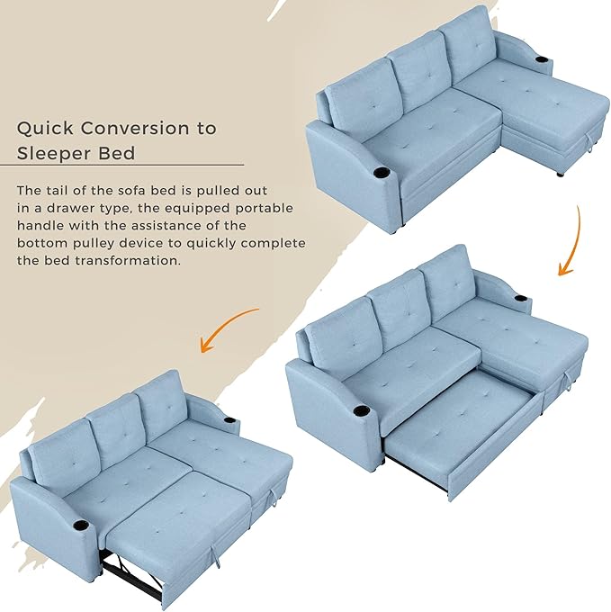 80.3'' L-Shape Convertible Sleeper Sectional Sofa with Storage Chaise and Pull-Out Bed, Linen Upholstered Reversible Corner Couch w/Tufted Cushions &Cup Holder, for Living Room, Apartment - LeafyLoom