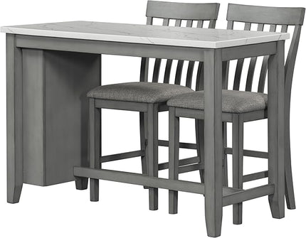 3-Piece Wooden Counter Height Dining Table Set with Faux Marble Veneer and Built-in Storage Shelves, 2 Upholstered Chairs, for Kitchen, Breakfast Nook, Bar, Living Room, Gray - LeafyLoom