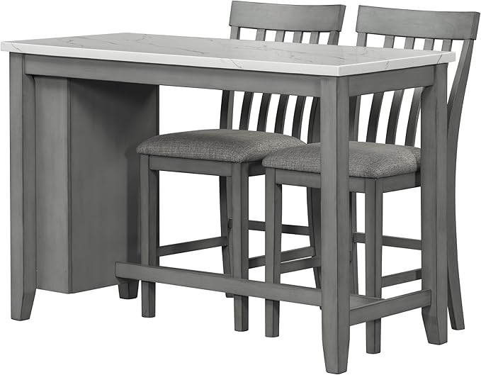 3-Piece Wooden Counter Height Dining Table Set with Faux Marble Veneer and Built-in Storage Shelves, 2 Upholstered Chairs, for Kitchen, Breakfast Nook, Bar, Living Room, Gray - LeafyLoom