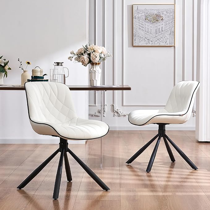 YOUNUOKE Upholstered Dining Chairs Set of 2 Comfortable Mid Century Modern Kitchen Chair with Sturdy Metal Legs Faux Leather Dinner Chairs for Kitchen Dining Room, White - LeafyLoom