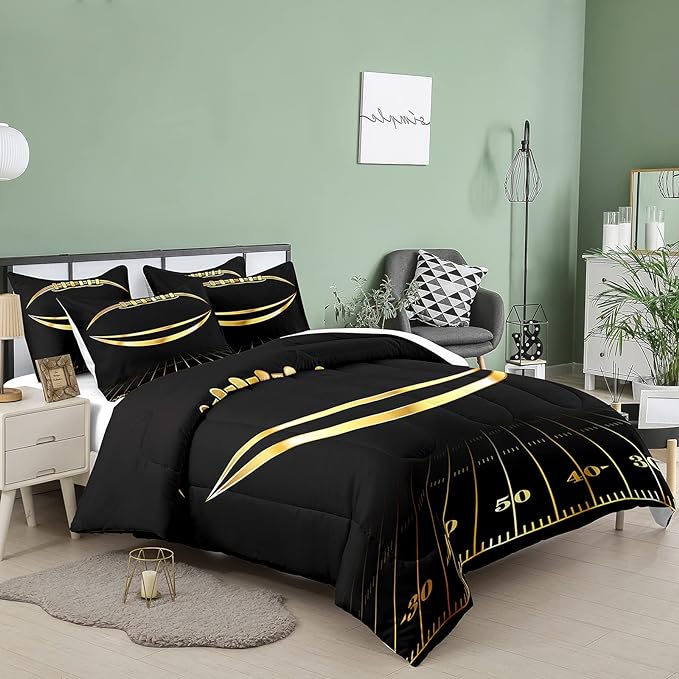 Bodhi Black and Gold Football Comforter Set Full for Boys Kids Sport Comforter Football Bedding Set American Football Comforter with Pillowcase,Soft Football Quilt,Full Size - LeafyLoom