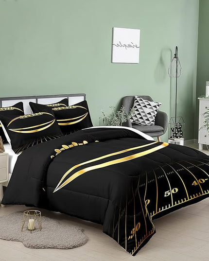 Bodhi Black and Gold Football Comforter Set Queen for Boys Kids Sport Comforter Football Bedding Set American Football Comforter with Pillowcase,Soft Football Quilt,Queen Size - LeafyLoom