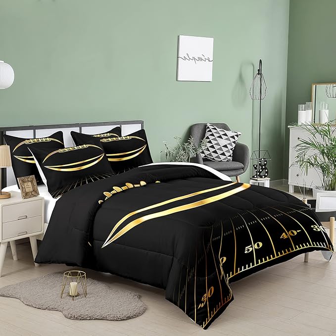 Bodhi Black and Gold Football Comforter Set Queen for Boys Kids Sport Comforter Football Bedding Set American Football Comforter with Pillowcase,Soft Football Quilt,Queen Size - LeafyLoom