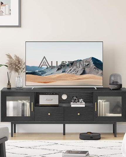 TV Stand for 65 Inch TV, Modern Entertainment Center with 2 Cabinets and 2 Drawers, Mid Century TV Stand for 55/60/65 inch TV, Media Console for Bedroom, Living Room and Office, Black - LeafyLoom