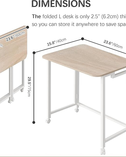 4NM 23.6" Mobile Small Folding Desk, Adjustable Rolling Compact Laptop Cart Desk, Couch Desk, Bed Desk for Laptop for Small Space Offices - Natural and White - LeafyLoom