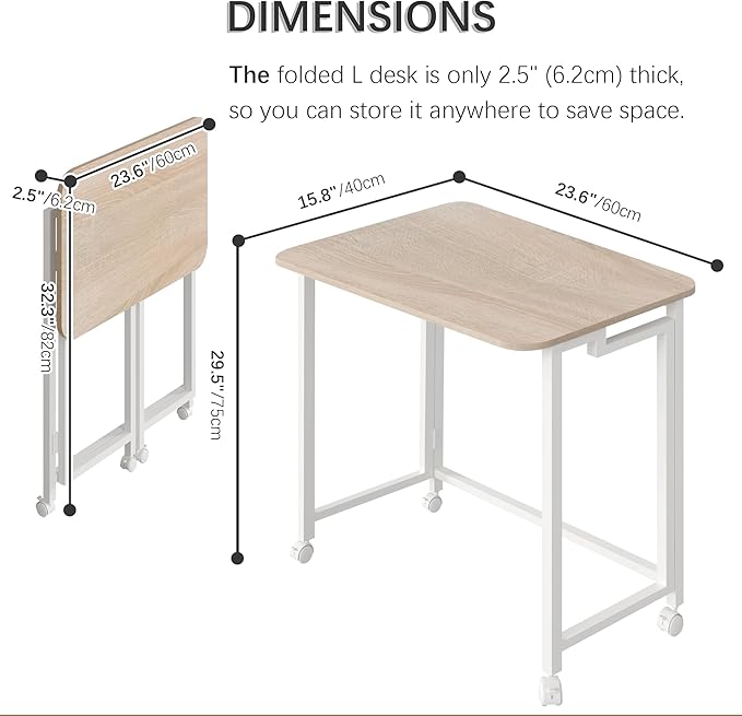 4NM 23.6" Mobile Small Folding Desk, Adjustable Rolling Compact Laptop Cart Desk, Couch Desk, Bed Desk for Laptop for Small Space Offices - Natural and White - LeafyLoom