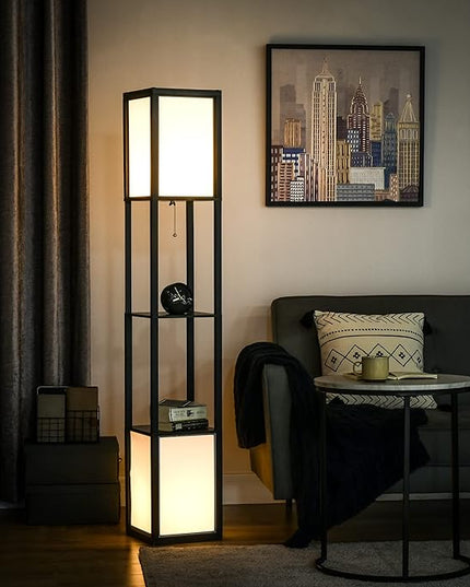 HOMCOM Modern Floor Lamp with Shelves & Dual Ambient Lighting, Tall Standing Lamp for Living Room, Bedroom with Fabric Lampshade (Bulb not Included), Black - LeafyLoom