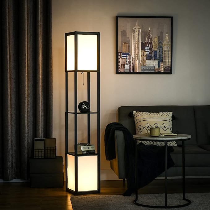 HOMCOM Modern Floor Lamp with Shelves & Dual Ambient Lighting, Tall Standing Lamp for Living Room, Bedroom with Fabric Lampshade (Bulb not Included), Black - LeafyLoom
