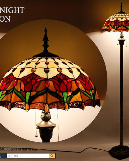 WERFACTORY Tiffany Floor Lamp Red Amber Tulip Flower Stained Glass Standing Reading Light 16X16X64 Inches Antique Pole Corner Lamp Decor Bedroom Living Room Home Office S030 Series - LeafyLoom
