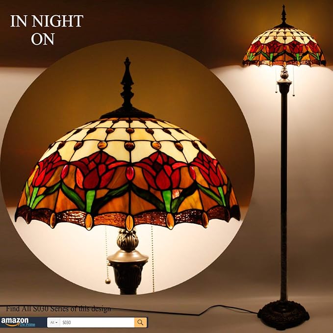 WERFACTORY Tiffany Floor Lamp Red Amber Tulip Flower Stained Glass Standing Reading Light 16X16X64 Inches Antique Pole Corner Lamp Decor Bedroom Living Room Home Office S030 Series - LeafyLoom