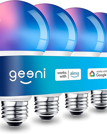 Geeni Smart Light Bulbs - Color Changing & Tunable White, Dimmable, Works with Alexa & Google Home, 2.4 GHz WiFi, A19, 800 lm, 4 Pack Geeni