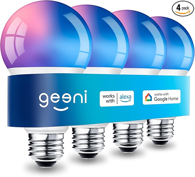 Geeni Smart Light Bulbs - Color Changing & Tunable White, Dimmable, Works with Alexa & Google Home, 2.4 GHz WiFi, A19, 800 lm, 4 Pack Geeni