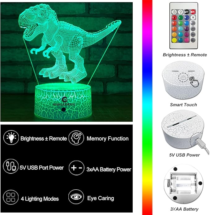 easuntec Dinosaur Toys 3D Night Light with Remote & Smart Touch 7 Colors + 16 Colors Changing Dimmable TRex Toys 1 2 3 4 5 6 7 8 Year Old Boy or Girl Gifts (TRex 16WT) - LeafyLoom