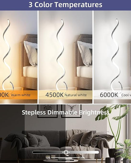 ADISUN LED Modern Floor Lamp for Living Room, Spiral Floor Lamp for Bedroom, 48W Dimmable Floor Lamp for Living Room Office Dining Room-Silver,Remote Control - LeafyLoom