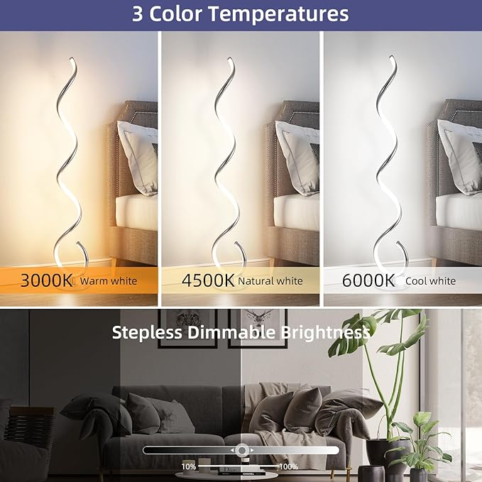 ADISUN LED Modern Floor Lamp for Living Room, Spiral Floor Lamp for Bedroom, 48W Dimmable Floor Lamp for Living Room Office Dining Room-Silver,Remote Control - LeafyLoom