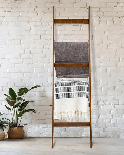 TEAKMAMA Blanket Ladder for Living Room and Bedroom, 5.4 Ft Wall Leaning Blanket Rack, Rustic Decorative Farmhouse Blanket Storage, Quilt Rack, Ladder Holder, Easy to Assemble (Red Brown) - LeafyLoom