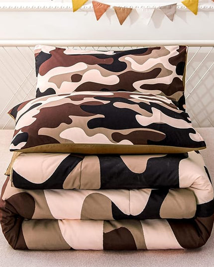 Meeting Story Camouflage Bedding Set, Colorful Pattern Style Queen Comforter Set, 3 PCS One Comforter and Two Pillowcases in One Bag, All Season Bedspread for Kids Teens Adults (Coffee, Twin) - LeafyLoom
