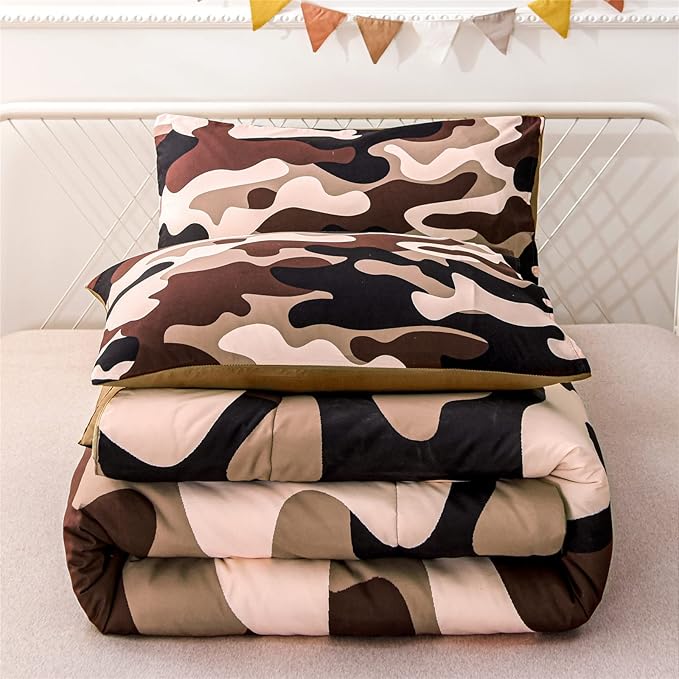 Meeting Story Camouflage Bedding Set, Colorful Pattern Style Queen Comforter Set, 3 PCS One Comforter and Two Pillowcases in One Bag, All Season Bedspread for Kids Teens Adults (Coffee, Twin) - LeafyLoom