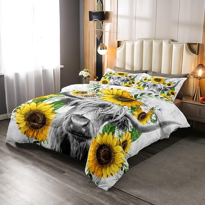 Highland Cow Comforter Set Full Sunflowers Art Down Comforter Rustic Bull Cattle Bedding Set For Kids Boys Girls Adult Farmhouse Western Funny Animal Wild Theme Duvet Set Grey Marble Comforter - LeafyLoom
