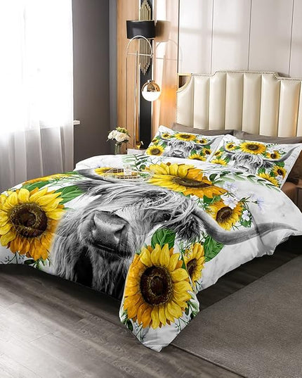 Highland Cow Comforter Set Twin Sunflowers Art Down Comforter Rustic Bull Cattle Bedding Set For Kids Boys Girls Adult Farmhouse Western Funny Animal Wild Theme Duvet Set Grey Marble Comforter - LeafyLoom