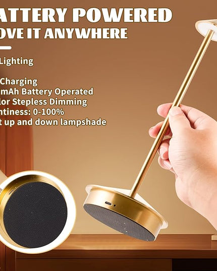 Rechargeable Battery Operated Desk Lamp with Touch Sensor Cordless Portable LED Table Lamp， Three-Level Dimmable Suitable for Bars/Cafes/Restaurants/Bedrooms/Camping Sites (Gold) - LeafyLoom