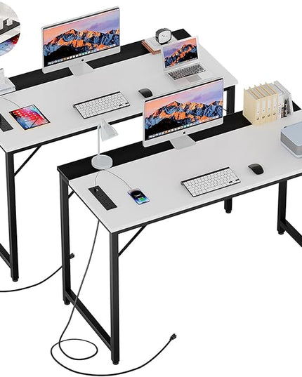 47 Inch Computer Desks with Power Outlets and USB Charging Ports, Modern Office Desk for Small Spaces, Sturdy Laptop PC Gaming Writing Table for Students, White and Black, 2 Pack - LeafyLoom