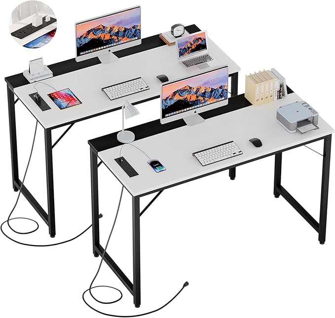 47 Inch Computer Desks with Power Outlets and USB Charging Ports, Modern Office Desk for Small Spaces, Sturdy Laptop PC Gaming Writing Table for Students, White and Black, 2 Pack - LeafyLoom
