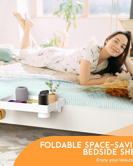 SPACELEAD Bedside Shelf for Bed, College Dorm Room Clip On Nightstand with Cup Holder & Cord Holder -Tray Table Caddy for Students, Bunk Bed Shelf for Organizer Top for Bedroom (White，Plastic) - LeafyLoom