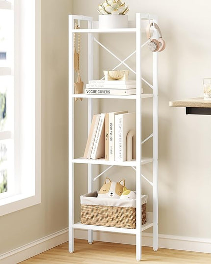 Bookshelf, Book Shelf, Industrial Bookcase with 2 Hooks, Coner Shelf Storage Organizer for Home Office, Living Room, Bedroom, Kitchen, 4-Tier White BC10413W - LeafyLoom