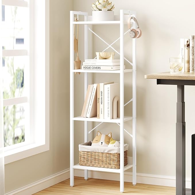 Bookshelf, Book Shelf, Industrial Bookcase with 2 Hooks, Coner Shelf Storage Organizer for Home Office, Living Room, Bedroom, Kitchen, 4-Tier White BC10413W - LeafyLoom
