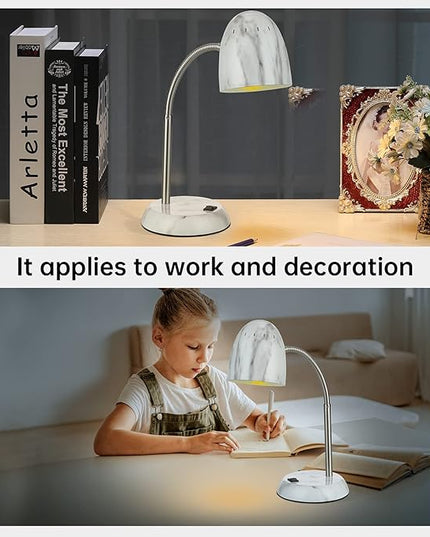 Eye-Caring Marble Table Lamp of Simple Designs Home E26Led Screw Basic Metal Desk Lamp with Flexible Gooseneck Hose Neck Study Lamp for Bedroom Office Living Room Convenient On/Off Switch - LeafyLoom