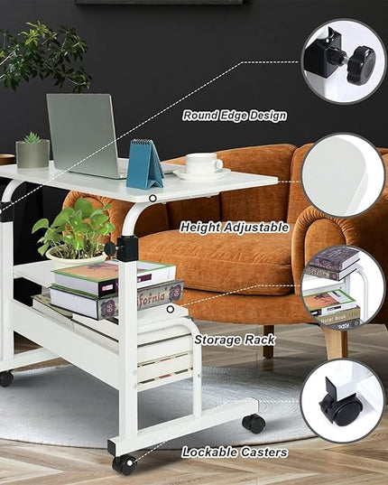 Small Desks Portable Laptop Computer Desk for Small Spaces Adjustable Desk Standing Desk for Bedrooms Couch Desk for Home Office Table Mobile Rolling Desk on Wheels White Desk with Storage - LeafyLoom
