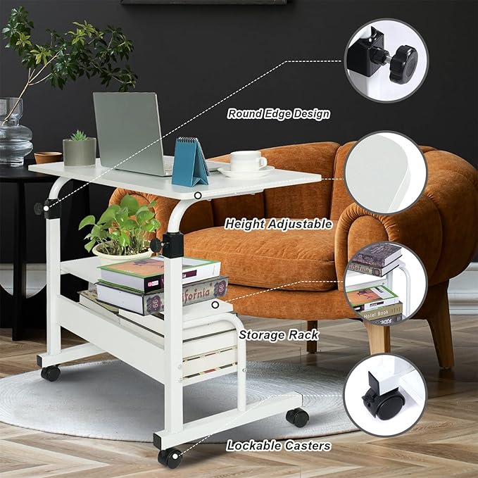 Small Desks Portable Laptop Computer Desk for Small Spaces Adjustable Desk Standing Desk for Bedrooms Couch Desk for Home Office Table Mobile Rolling Desk on Wheels White Desk with Storage - LeafyLoom