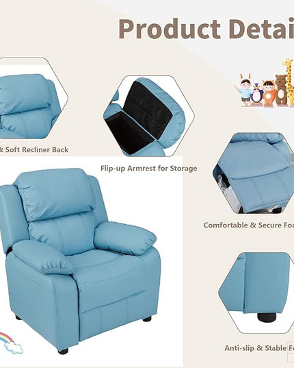 JC Home MACARON Kids Chair Leather Recliner Sofa Toddler Youth Children Child Ages 3-7, Small, Babyblue - LeafyLoom