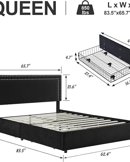 VECELO Queen Size Upholstered Platform Bed Frame with 4 Storage Drawers, Adjustable Velvet Rivets Headboard, Wooden Slats Support, No Box Spring Needed, Easy Assembly - LeafyLoom