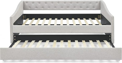 Full Size Upholstered Daybed with Twin Size Trundle, Tufted Full Day Bed w/Button Back and Waved Shape Copper Nail Arms, No Spring Box Needed, Easy Assemble, for Living Room - LeafyLoom