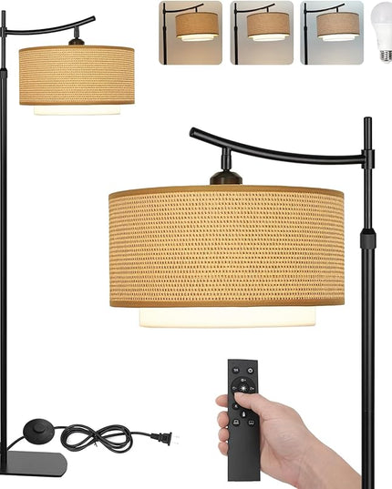 Arc Boho Farmhouse Black Floor Lamp, Standing Lamp with Rattan & Fabric Double Shade with Remote Control, Dimmable LED Bulb with 6 Color Temperature, Tall Pole for Living Room Bedroom Corner Office - LeafyLoom