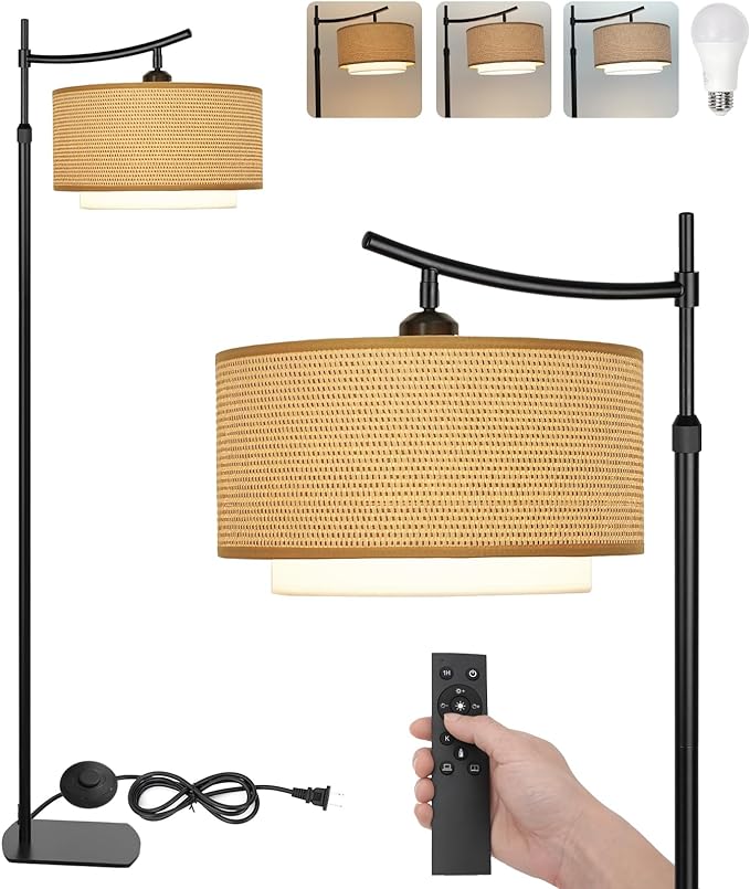 Arc Boho Farmhouse Black Floor Lamp, Standing Lamp with Rattan & Fabric Double Shade with Remote Control, Dimmable LED Bulb with 6 Color Temperature, Tall Pole for Living Room Bedroom Corner Office - LeafyLoom