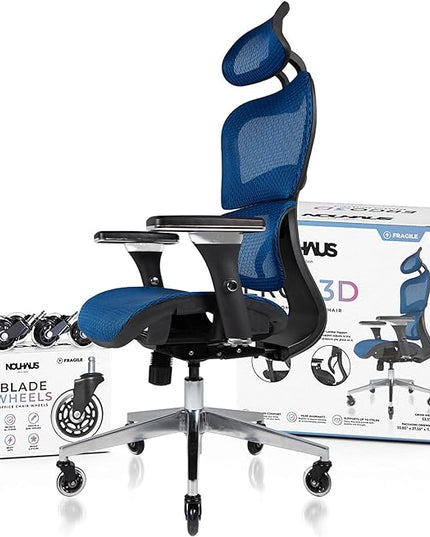 Nouhaus Ergo3D Ergonomic Office Chair Lumbar Support Mesh Office Chair with 4D Adjustable Armrest, Adjustable Headrest and Wheels, Mesh High Back Home Office Desk Chairs(Blue) - LeafyLoom