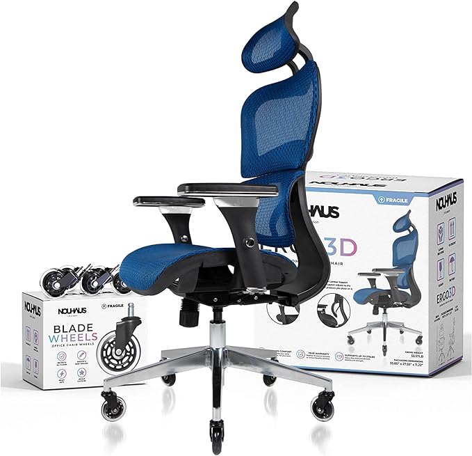 Nouhaus Ergo3D Ergonomic Office Chair Lumbar Support Mesh Office Chair with 4D Adjustable Armrest, Adjustable Headrest and Wheels, Mesh High Back Home Office Desk Chairs(Blue) - LeafyLoom